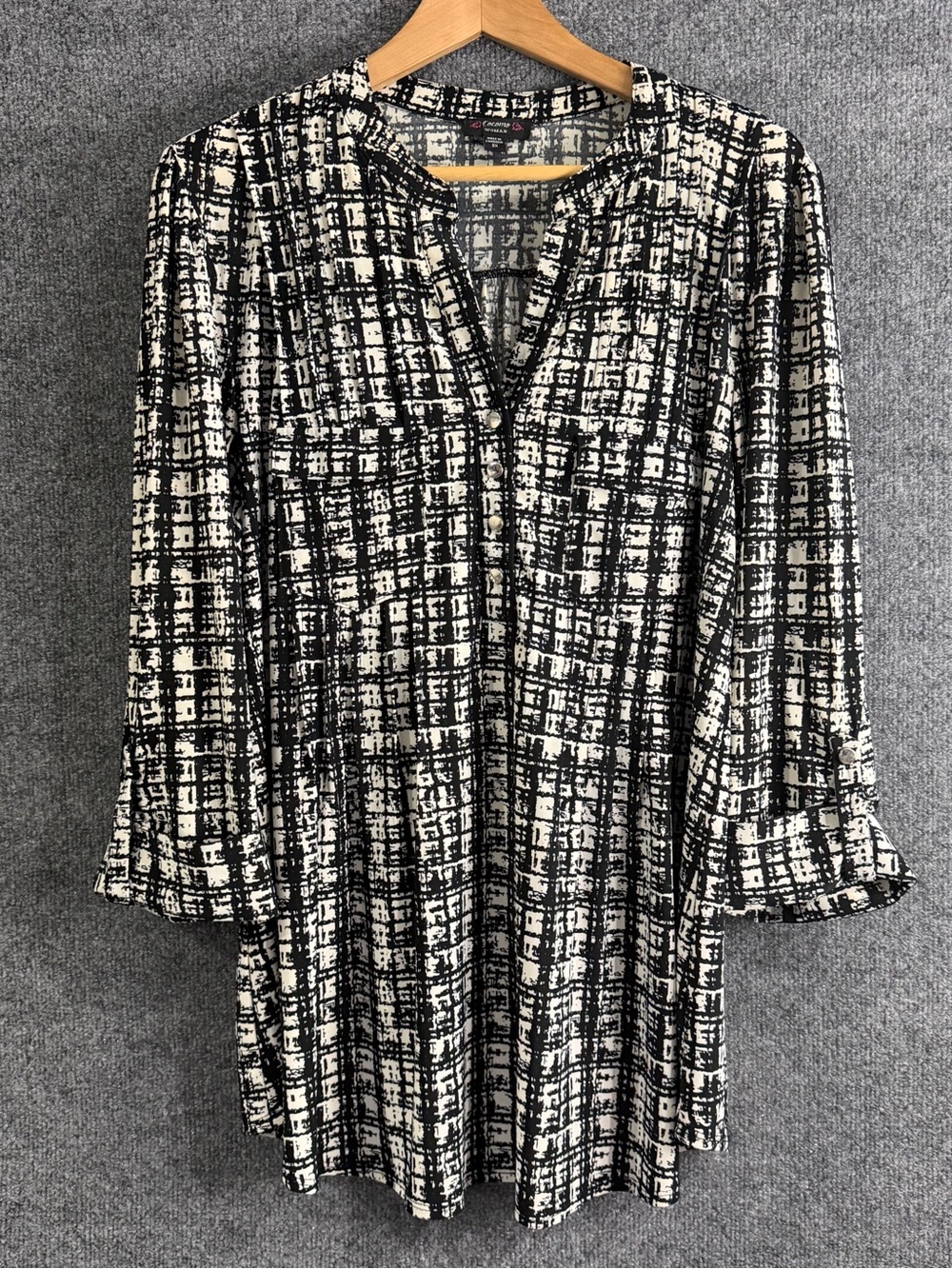 Cocomo Womens 2X Top Black Cream Grid Geometric Roll Tab Sleeve Tunic Office
